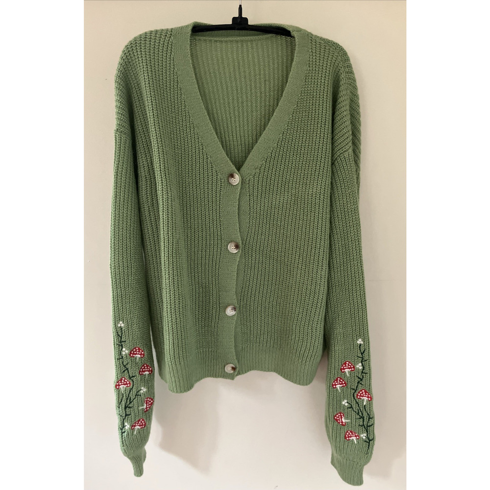 Vtg Style Mushroom Embroidered Sleeve Cottage Core Cardigan Sage Green Sweater L